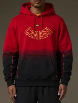 O CAN Fleece CS Red Hoodie model closeup showing premium fleece texture and modern styling details