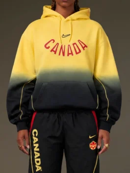 O CAN Fleece CS Yellow Hoodie model front view displaying vibrant color and relaxed modern fit