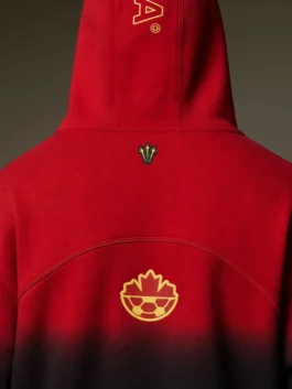 O CAN Fleece CS Red Hoodie hood closeup featuring detailed stitching and premium fleece construction