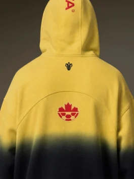 O CAN Fleece CS Yellow Hoodie hood closeup featuring premium stitching and detailed fleece texture
