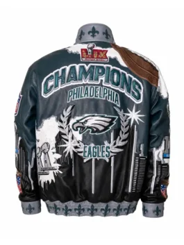 Back view of the Philadelphia Eagles Champions Leather Jacket celebrating the Eagles historic 2-time Super Bowl championship legacy