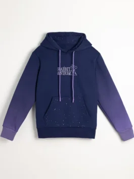 Rabbit and Steel Hoodie front view in navy blue with gaming-inspired artwork and relaxed streetwear styling