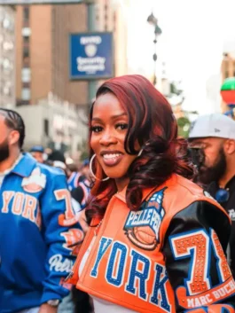 Classic orange and black Remy Ma Knicks Cropped Leather Jacket celebrating Remy Ma's iconic New York Knicks street culture moment