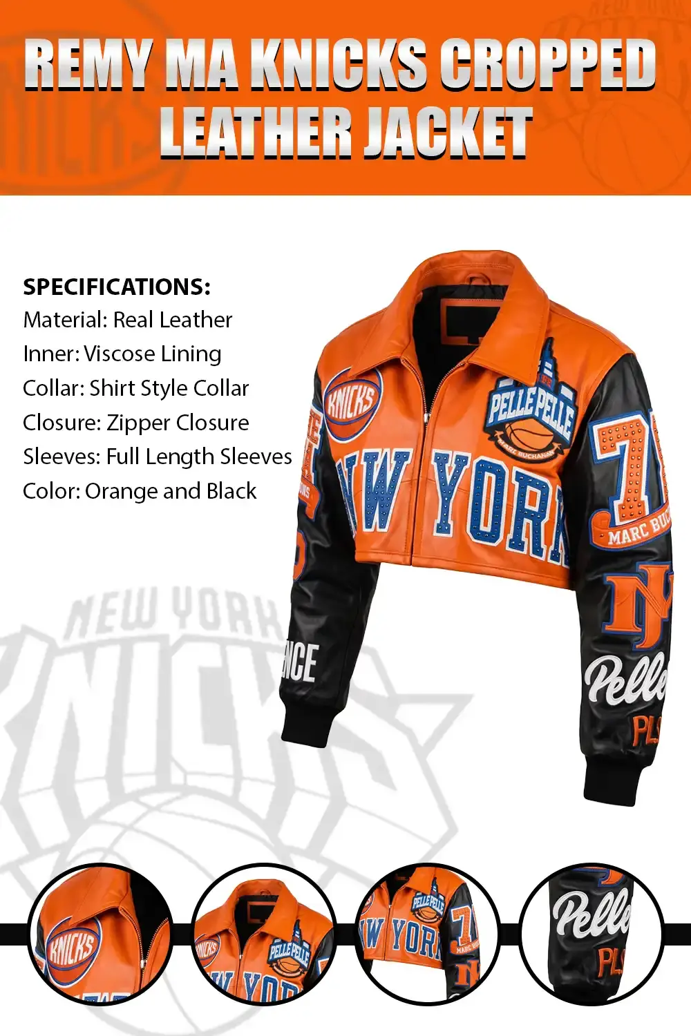 An orange and black cropped leather jacket featuring bold New York themed sports patches, a shirt-style collar, and a zipper closure.