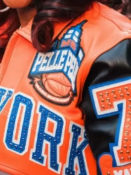 Orange and black Remy Ma Knicks Cropped Leather Jacket representing New York Knicks pride as worn by Remy Ma in true NY style