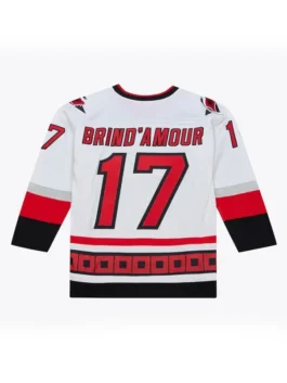 The back view of the Rod Brind'Amour Carolina Hurricanes 2006 White Jersey highlighting the classic player lettering and numbering.