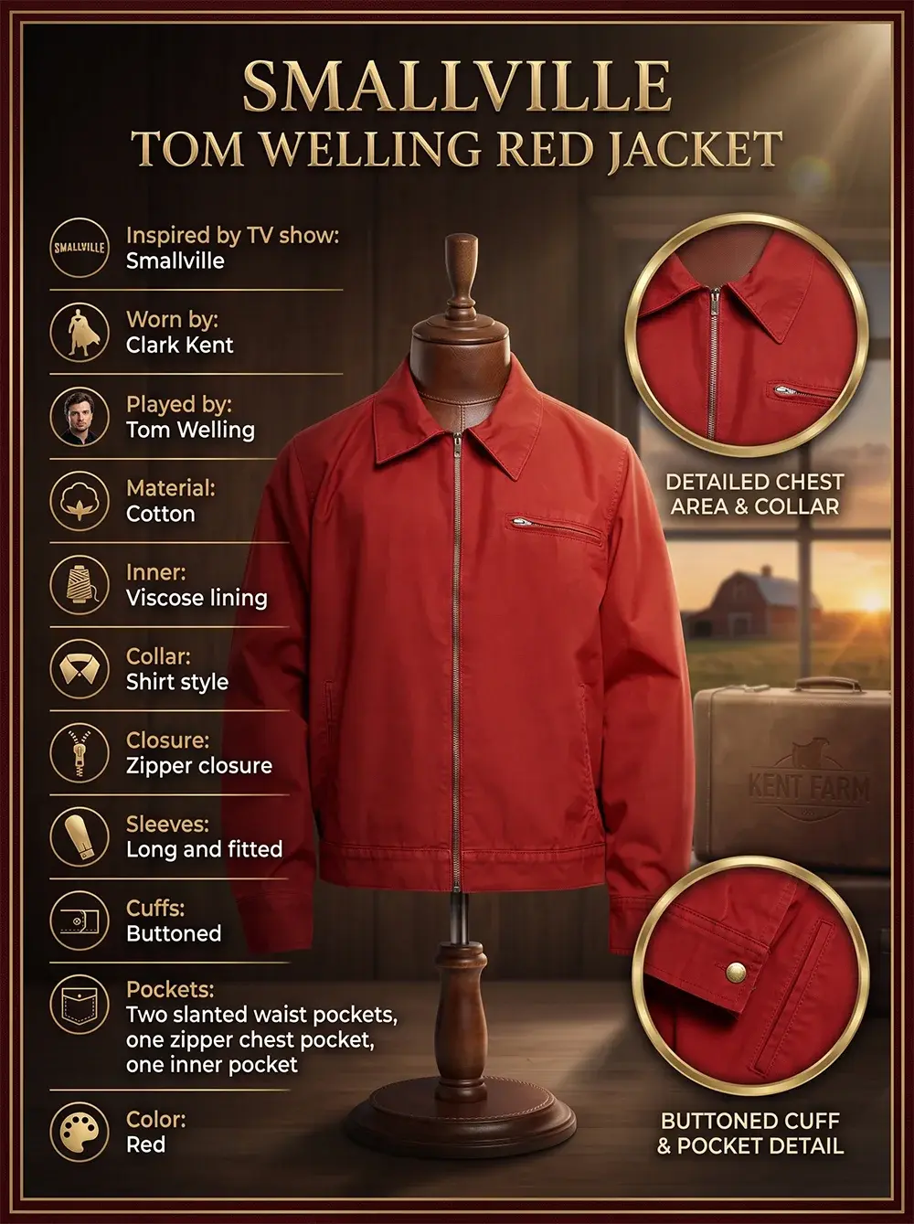 the Smallville Tom Welling Red Jacket, showing the red cotton jacket worn by Clark Kent displayed on a wooden stand alongside detailed close-up feature frames.