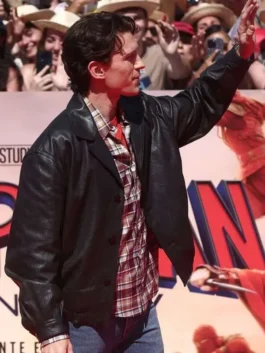 Tom Holland Black Leather Jacket side view featuring sleek leather craftsmanship, modern tailoring, and stylish everyday wear appeal