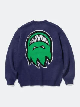 Front view of the navy blue Spitfire x Supreme Sweater putting the full Spitfire x Supreme collaboration design on display