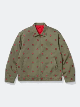 Front view of the olive green Spitfire x Supreme Work Jacket putting the full Spitfire x Supreme collaboration design on display