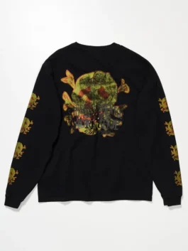 Back view of the black Stussy x OL Skull Long Sleeve Tee revealing the full skull graphic design from the Stussy x Our Legacy collaboration