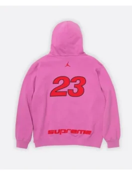 Back view of the Supreme x Jordan Zip Up Hooded Sweatshirt revealing the full design of this iconic Supreme and Jordan collaboration