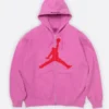 Front view of the Supreme x Jordan Zip Up Hooded Sweatshirt putting the full Supreme x Jordan collaboration design on display