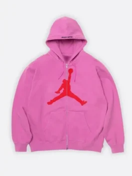 Front view of the Supreme x Jordan Zip Up Hooded Sweatshirt putting the full Supreme x Jordan collaboration design on display