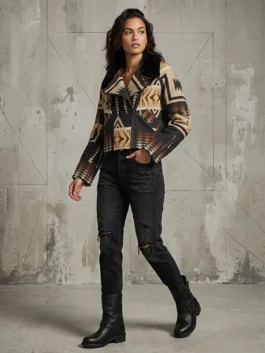 Beth Dutton Western Print Jacket full front view featuring western-inspired design, premium craftsmanship, and fashionable moto jacket styling