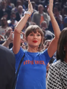 Taylor Swift Knicks Game 4 Stevie Nicks Shirt with blue fabric, round neck design, and fan-inspired look
