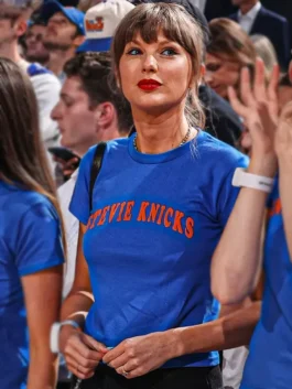 Taylor Swift Knicks Game 4 Stevie Nicks Shirt front view with blue fabric and eye-catching graphic detail