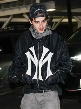 Timothée Chalamet Mowalola My City Bomber Jacket model front view with sleek black styling