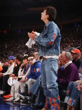 Timothee Chalamet Knicks Game 4 Denim Jacket side look featuring clean denim details and modern styling