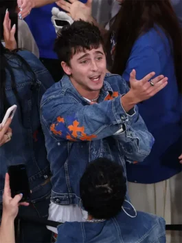 Timothee Chalamet Knicks Game 4 Denim Jacket with premium denim finish and fashionable NBA-inspired appeal