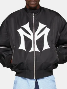 Timothée Chalamet Mowalola My City Bomber Jacket front closeup with premium detailing and black finish