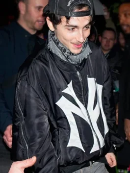 Timothée Chalamet Mowalola My City Bomber Jacket closeup featuring premium detailing and black finish
