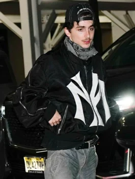 Timothée Chalamet Mowalola My City Bomber Jacket side view with modern silhouette and urban-inspired design