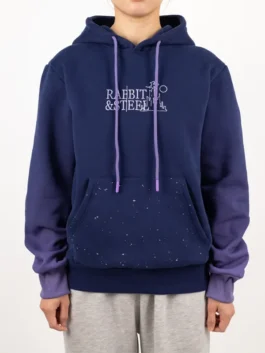 Rabbit and Steel Hoodie model look showcasing navy blue styling, gaming-inspired artwork, and relaxed unisex fashion