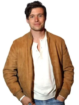 Voicemails for Isabelle Nick Robinson Suede Bomber Jacket front view featuring premium suede leather, classic bomber styling, and refined casual fashion appeal