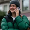 Voicemails for Isabelle 2026 Zoey Deutch Puffer Jacket closeup view featuring premium puffer construction, insulated comfort, and stylish winter outerwear design