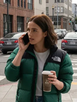 Voicemails for Isabelle Zoey Deutch Puffer Jacket front view featuring premium insulation, modern styling, and comfortable winter wear appeal