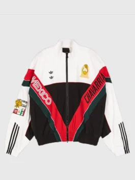 Front view of the black and white Willy Chavarria x Adidas Mexico Jacket putting the bold World Cup collaboration on full display