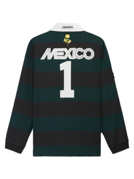 Back view of the black and green Adidas Portero Rugby Sweatshirt revealing the full stripe design of this Willy Chavarria x Adidas piece