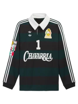 Front view of the black and green Adidas Portero Rugby Sweatshirt putting the bold Willy Chavarria x Adidas Mexico design on display