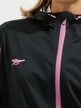 Arsenal Adidas Womens Golf Rain Jacket closeup featuring hood detail, premium fabric, and weatherproof styling
