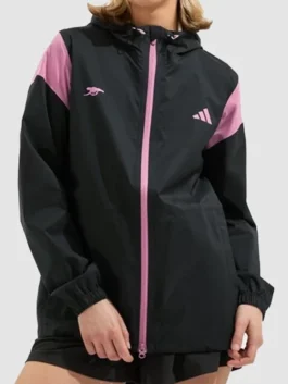 Arsenal Adidas Womens Golf Rain Jacket model front view featuring a sporty fit and weather-ready design