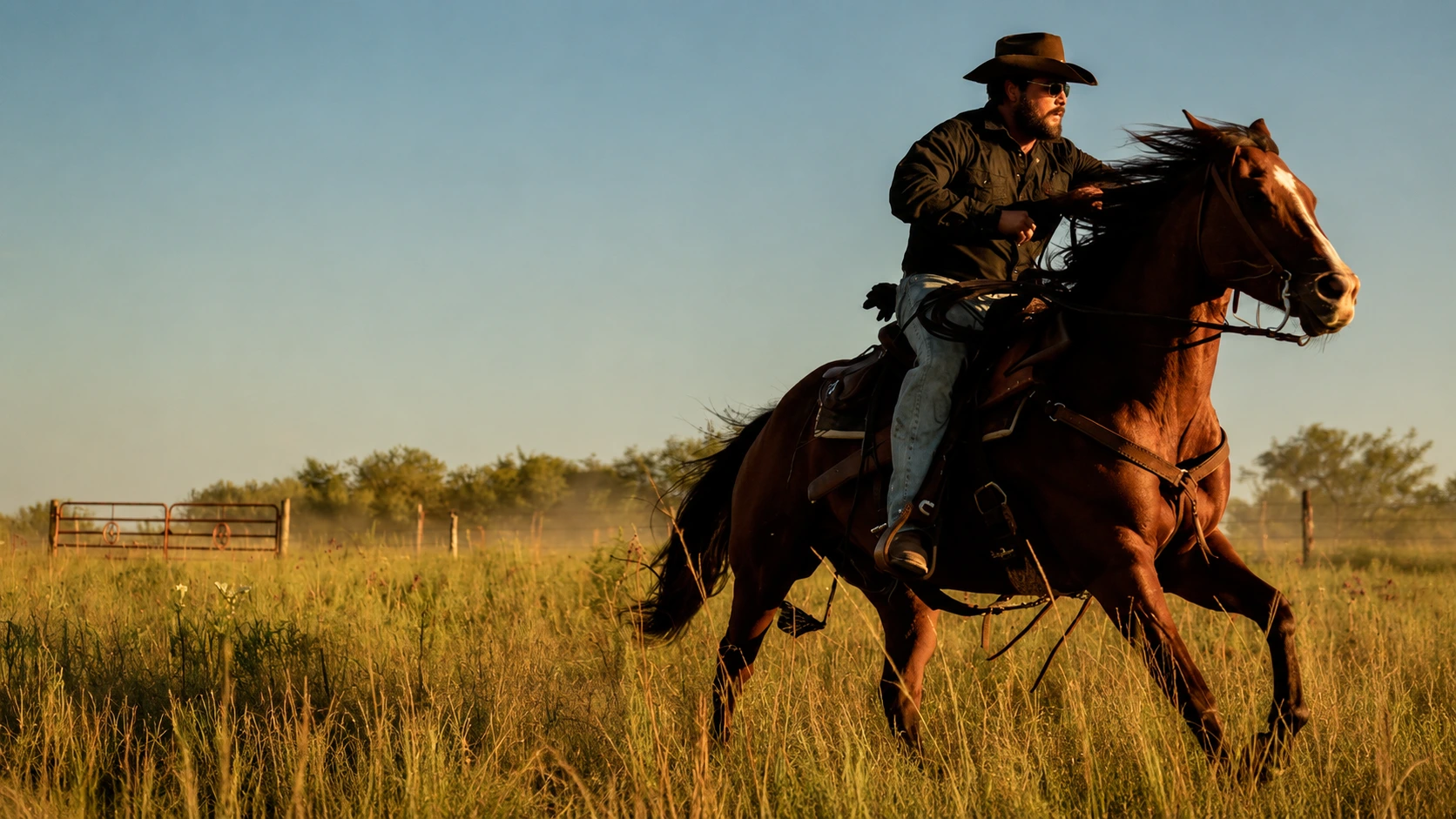 Cole Hauser as Rip Wheeler on horseback riding across Texas grassland in Dutton Ranch 2026 Season 1 on Paramount Plus golden hour ranch scene