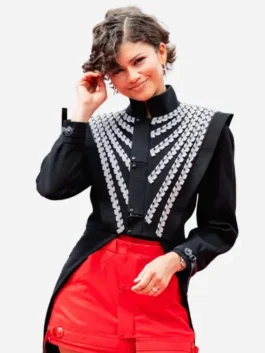 Zendaya Black Napoleon Jacket front view featuring structured tailoring, military-inspired detailing, and premium fashion-forward craftsmanship