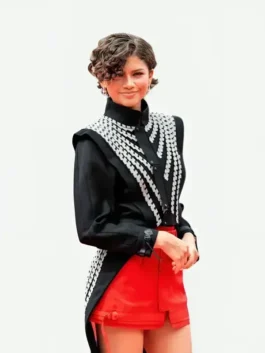 Zendaya Black Napoleon Jacket side view featuring premium tailoring, structured silhouette, and elegant military-inspired styling