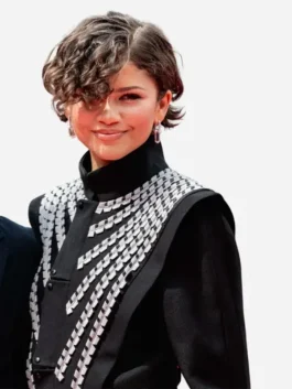 Zendaya Black Napoleon Jacket model view displaying premium craftsmanship, structured design, and elegant outerwear styling