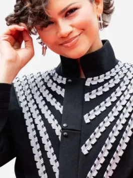Zendaya Black Napoleon Jacket closeup view displaying premium fabric texture, detailed craftsmanship, and signature design accents