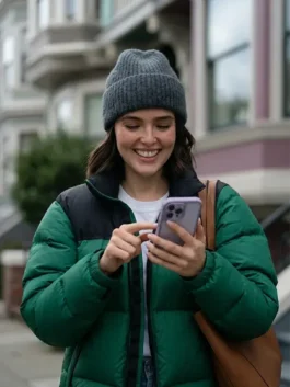 Voicemails for Isabelle Zoey Deutch Puffer Jacket front view displaying premium puffer design, insulated comfort, and winter-ready styling