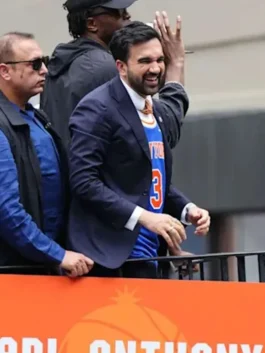 Zohran Mamdani NY Knicks Victory Parade Blue Blazer side view displaying premium tailoring, structured design, and refined formalwear styling