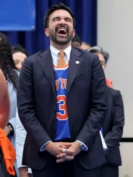 Zohran Mamdani NY Knicks Victory Parade Blue Blazer featuring a tailored fit, premium craftsmanship, and modern formal fashion aesthetics