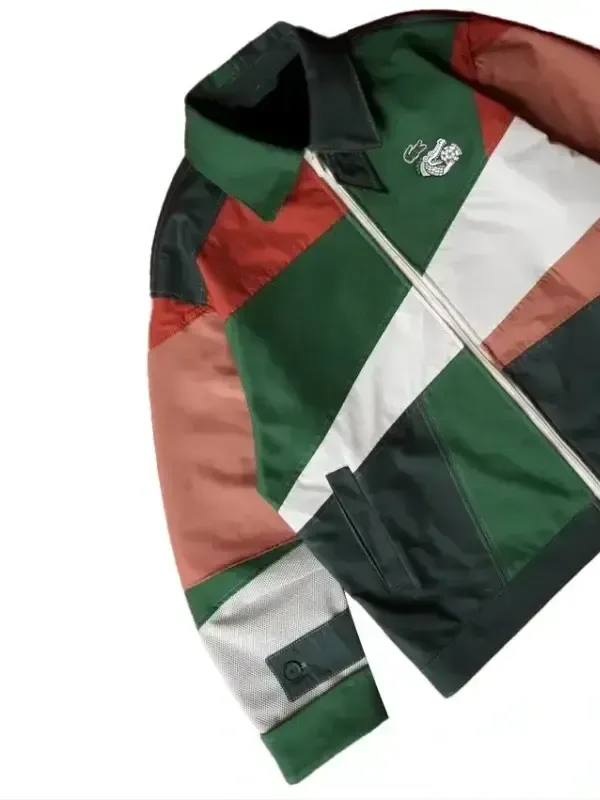 A professional shot of the multicolor lacoste mexico jacket showcasing the designer collaboration and sleek zipper closure.