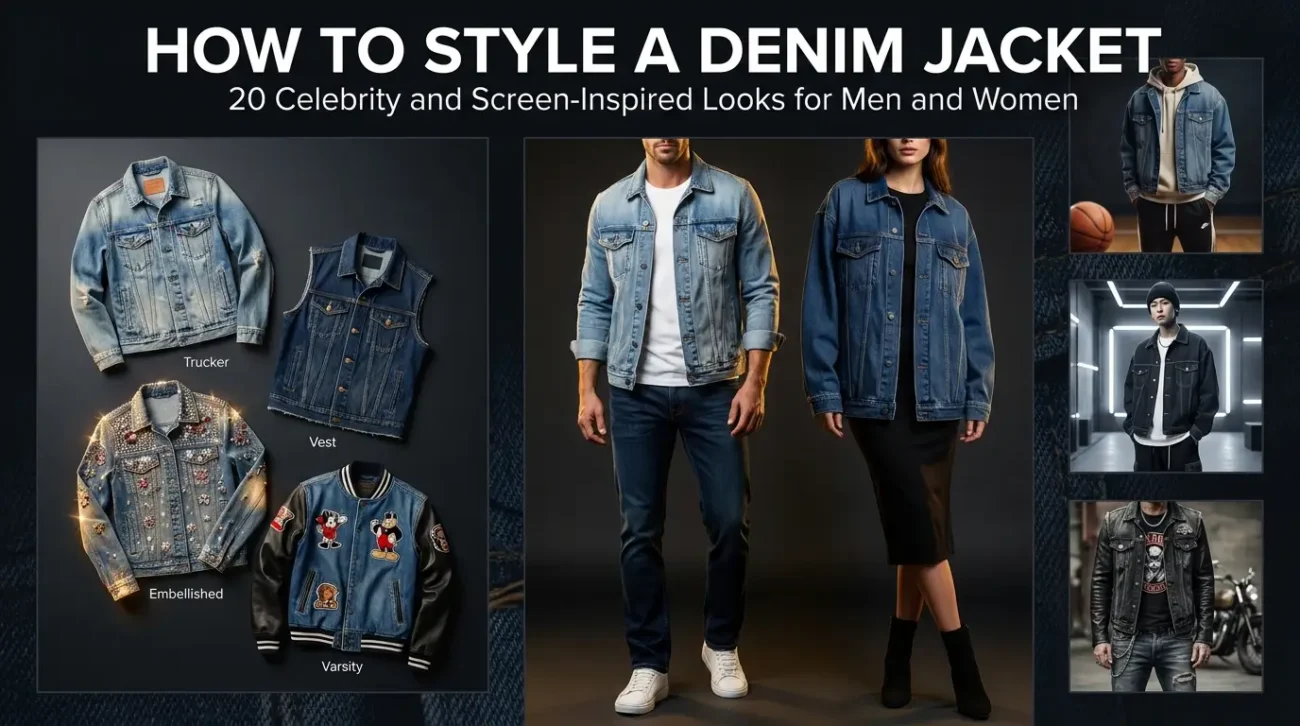 How to style a denim jacket blog banner showing men's and women's celebrity and screen-inspired denim jacket outfit ideas at J4Jackets