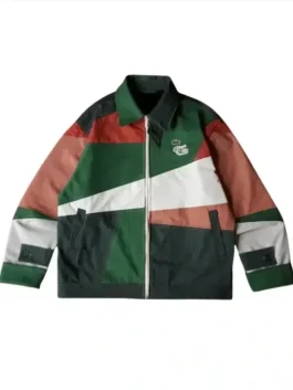 Front profile of the multicolor lacoste mexico jacket featuring a classic shirt style collar and premium cotton fabric.