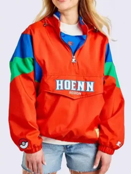 A bright orange Pokemon Hoenn Starter Jacket featuring a half zipper closure and a comfortable hooded collar.