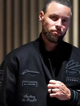 A premium black Stephen Curry MMXXVI Li-Ning Jacket featuring a high quality wool body and sleek leather sleeves.