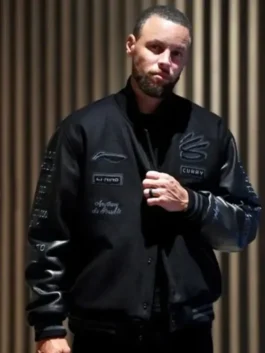 Front view of the Stephen Curry MMXXVI Li-Ning Jacket showcasing the snap tap button closure and rib knitted collar.